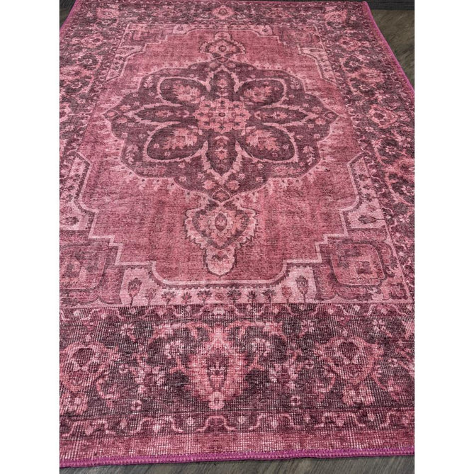 Washable Zahra S0063 Traditional Vintage Distressed Medallion Border Digitally Printed Lightweight Textured Polyester Flatweave Vintage Rose/Wine Burgundy/Plum Brown/Soft Blush Pink/Faded Ivory Rug