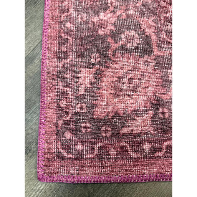 Washable Zahra S0063 Traditional Vintage Distressed Medallion Border Digitally Printed Lightweight Textured Polyester Flatweave Vintage Rose/Wine Burgundy/Plum Brown/Soft Blush Pink/Faded Ivory Rug