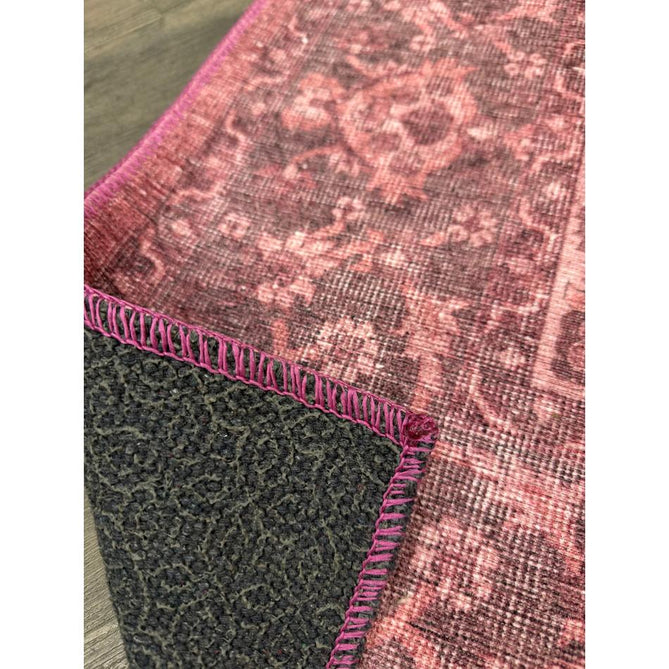 Washable Zahra S0063 Traditional Vintage Distressed Medallion Border Digitally Printed Lightweight Textured Polyester Flatweave Vintage Rose/Wine Burgundy/Plum Brown/Soft Blush Pink/Faded Ivory Rug