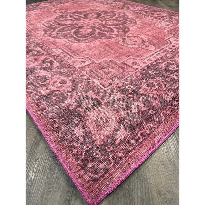 Washable Zahra S0063 Traditional Vintage Distressed Medallion Border Digitally Printed Lightweight Textured Polyester Flatweave Vintage Rose/Wine Burgundy/Plum Brown/Soft Blush Pink/Faded Ivory Rug