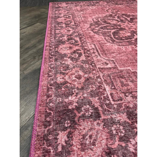 Washable Zahra S0063 Traditional Vintage Distressed Medallion Border Digitally Printed Lightweight Textured Polyester Flatweave Vintage Rose/Wine Burgundy/Plum Brown/Soft Blush Pink/Faded Ivory Rug
