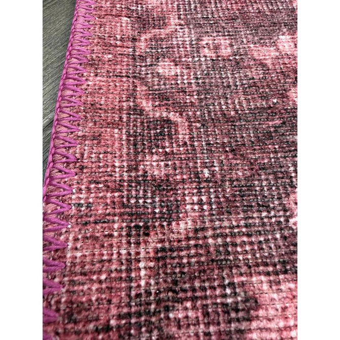 Washable Zahra S0063 Traditional Vintage Distressed Medallion Border Digitally Printed Lightweight Textured Polyester Flatweave Vintage Rose/Wine Burgundy/Plum Brown/Soft Blush Pink/Faded Ivory Rug