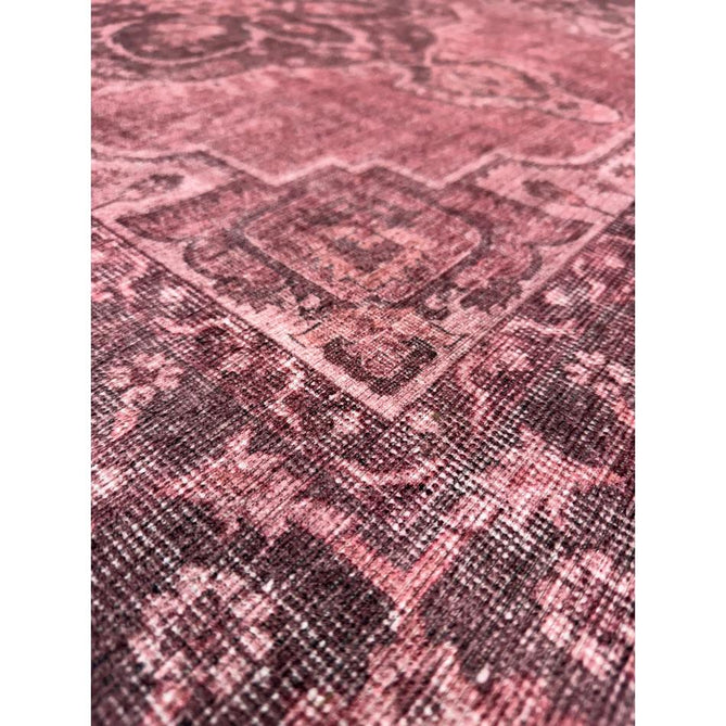 Washable Zahra S0063 Traditional Vintage Distressed Medallion Border Digitally Printed Lightweight Textured Polyester Flatweave Vintage Rose/Wine Burgundy/Plum Brown/Soft Blush Pink/Faded Ivory Rug