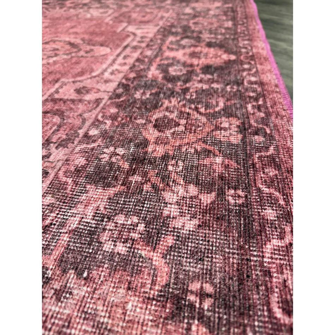 Washable Zahra S0063 Traditional Vintage Distressed Medallion Border Digitally Printed Lightweight Textured Polyester Flatweave Vintage Rose/Wine Burgundy/Plum Brown/Soft Blush Pink/Faded Ivory Rug