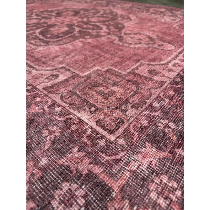 Washable Zahra S0063 Traditional Vintage Distressed Medallion Border Digitally Printed Lightweight Textured Polyester Flatweave Vintage Rose/Wine Burgundy/Plum Brown/Soft Blush Pink/Faded Ivory Rug