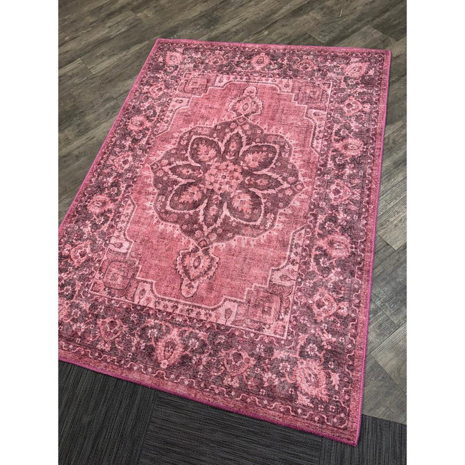 Washable Zahra S0063 Traditional Vintage Distressed Medallion Border Digitally Printed Lightweight Textured Polyester Flatweave Vintage Rose/Wine Burgundy/Plum Brown/Soft Blush Pink/Faded Ivory Rug