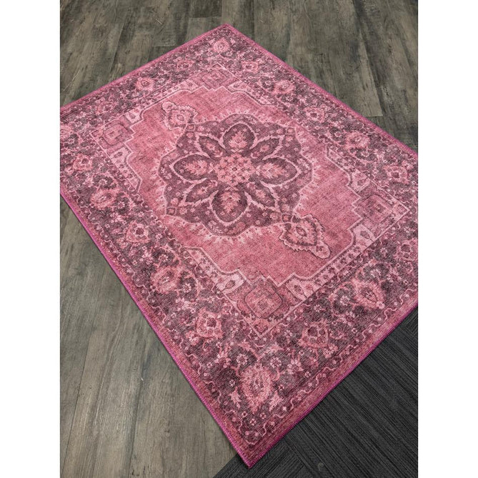 Washable Zahra S0063 Traditional Vintage Distressed Medallion Border Digitally Printed Lightweight Textured Polyester Flatweave Vintage Rose/Wine Burgundy/Plum Brown/Soft Blush Pink/Faded Ivory Rug