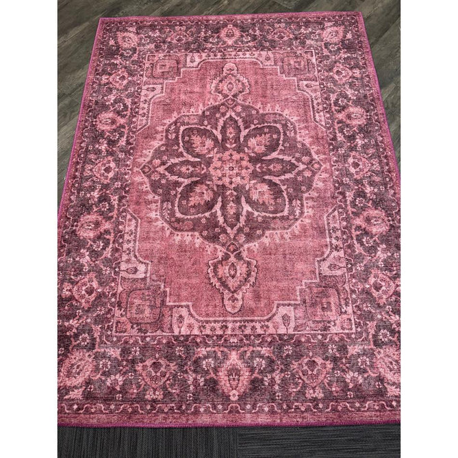 Washable Zahra S0063 Traditional Vintage Distressed Medallion Border Digitally Printed Lightweight Textured Polyester Flatweave Vintage Rose/Wine Burgundy/Plum Brown/Soft Blush Pink/Faded Ivory Rug