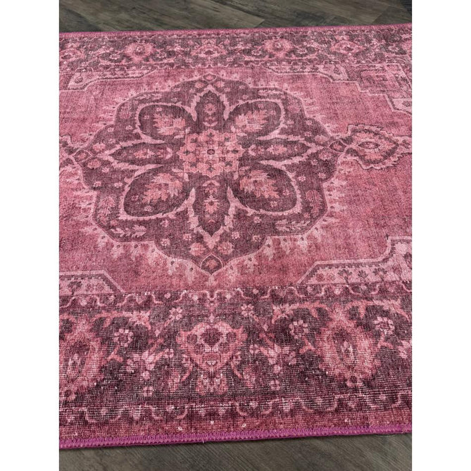 Washable Zahra S0063 Traditional Vintage Distressed Medallion Border Digitally Printed Lightweight Textured Polyester Flatweave Vintage Rose/Wine Burgundy/Plum Brown/Soft Blush Pink/Faded Ivory Rug