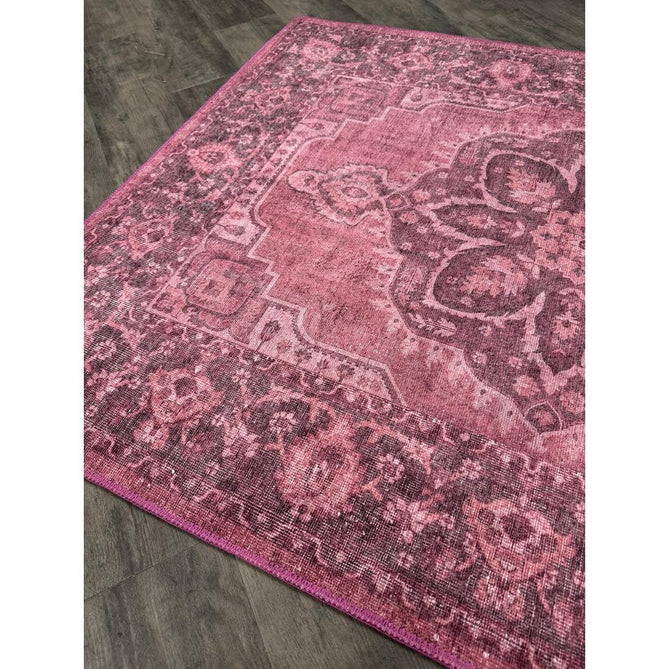 Washable Zahra S0063 Traditional Vintage Distressed Medallion Border Digitally Printed Lightweight Textured Polyester Flatweave Vintage Rose/Wine Burgundy/Plum Brown/Soft Blush Pink/Faded Ivory Rug