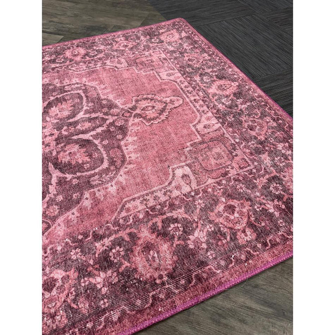 Washable Zahra S0063 Traditional Vintage Distressed Medallion Border Digitally Printed Lightweight Textured Polyester Flatweave Vintage Rose/Wine Burgundy/Plum Brown/Soft Blush Pink/Faded Ivory Rug