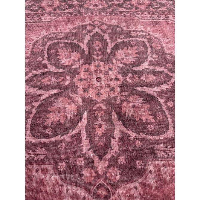 Washable Zahra S0063 Traditional Vintage Distressed Medallion Border Digitally Printed Lightweight Textured Polyester Flatweave Vintage Rose/Wine Burgundy/Plum Brown/Soft Blush Pink/Faded Ivory Rug