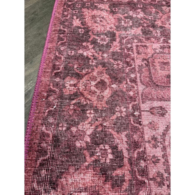 Washable Zahra S0063 Traditional Vintage Distressed Medallion Border Digitally Printed Lightweight Textured Polyester Flatweave Vintage Rose/Wine Burgundy/Plum Brown/Soft Blush Pink/Faded Ivory Rug
