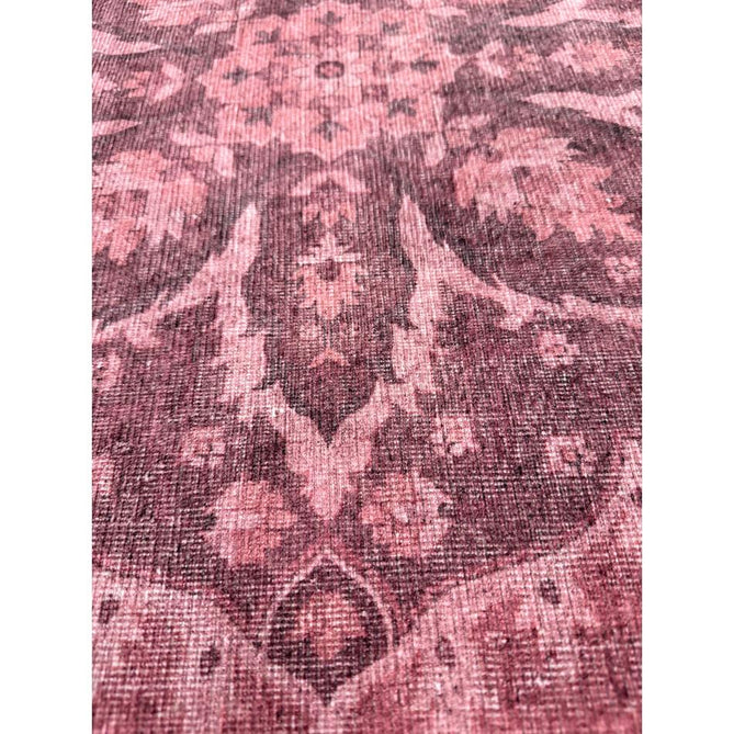 Washable Zahra S0063 Traditional Vintage Distressed Medallion Border Digitally Printed Lightweight Textured Polyester Flatweave Vintage Rose/Wine Burgundy/Plum Brown/Soft Blush Pink/Faded Ivory Rug