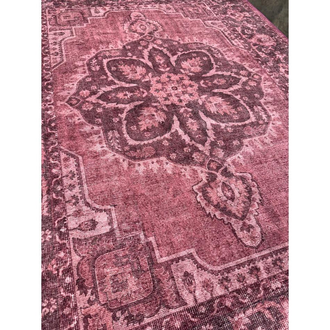 Washable Zahra S0063 Traditional Vintage Distressed Medallion Border Digitally Printed Lightweight Textured Polyester Flatweave Vintage Rose/Wine Burgundy/Plum Brown/Soft Blush Pink/Faded Ivory Rug