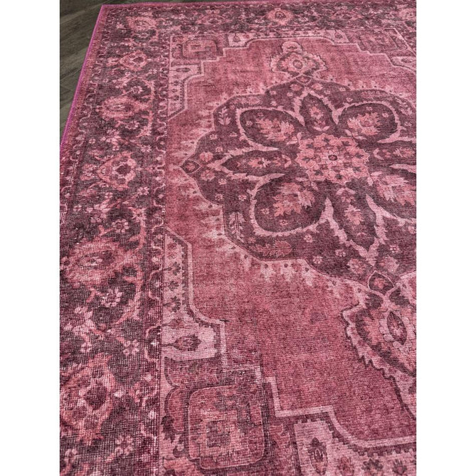 Washable Zahra S0063 Traditional Vintage Distressed Medallion Border Digitally Printed Lightweight Textured Polyester Flatweave Vintage Rose/Wine Burgundy/Plum Brown/Soft Blush Pink/Faded Ivory Rug