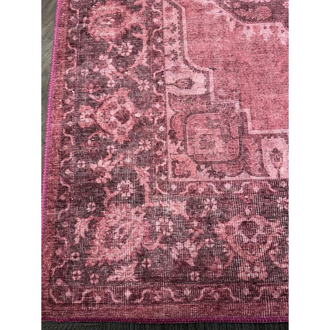 Washable Zahra S0063 Traditional Vintage Distressed Medallion Border Digitally Printed Lightweight Textured Polyester Flatweave Vintage Rose/Wine Burgundy/Plum Brown/Soft Blush Pink/Faded Ivory Rug