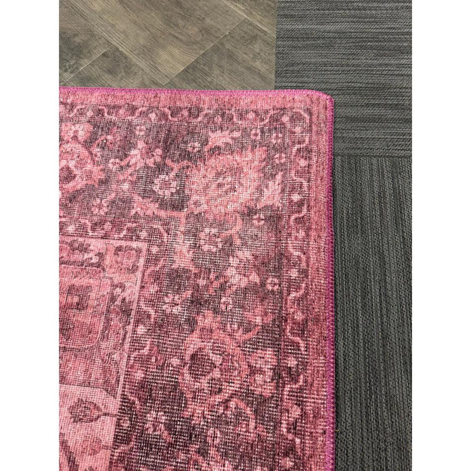 Washable Zahra S0063 Traditional Vintage Distressed Medallion Border Digitally Printed Lightweight Textured Polyester Flatweave Vintage Rose/Wine Burgundy/Plum Brown/Soft Blush Pink/Faded Ivory Rug