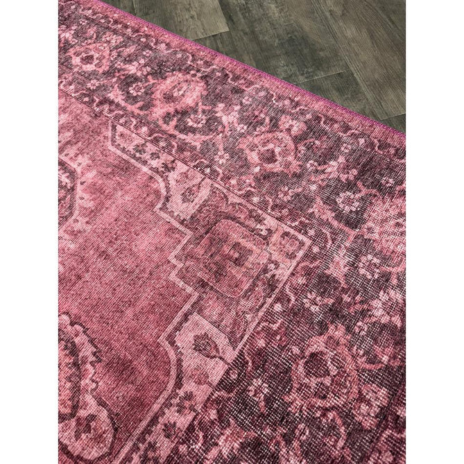 Washable Zahra S0063 Traditional Vintage Distressed Medallion Border Digitally Printed Lightweight Textured Polyester Flatweave Vintage Rose/Wine Burgundy/Plum Brown/Soft Blush Pink/Faded Ivory Rug