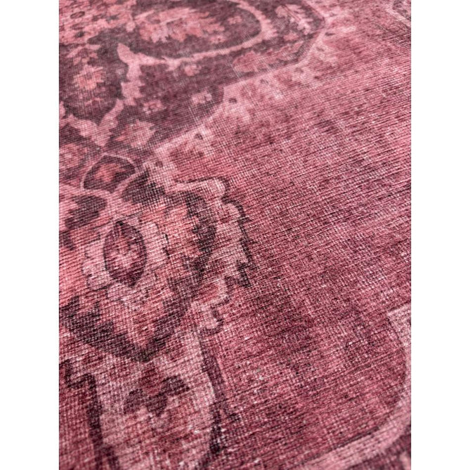 Washable Zahra S0063 Traditional Vintage Distressed Medallion Border Digitally Printed Lightweight Textured Polyester Flatweave Vintage Rose/Wine Burgundy/Plum Brown/Soft Blush Pink/Faded Ivory Rug