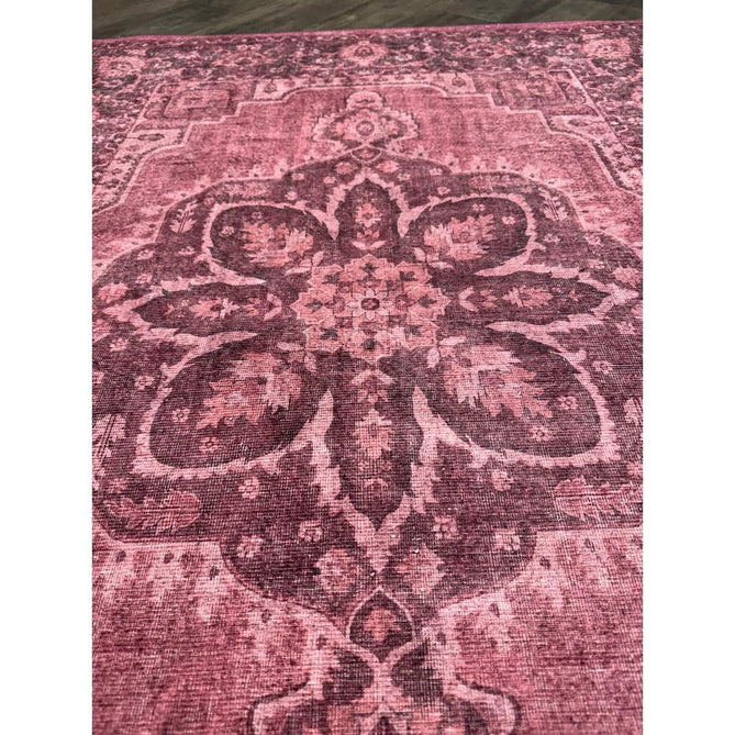 Washable Zahra S0063 Traditional Vintage Distressed Medallion Border Digitally Printed Lightweight Textured Polyester Flatweave Vintage Rose/Wine Burgundy/Plum Brown/Soft Blush Pink/Faded Ivory Rug