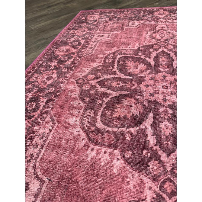 Washable Zahra S0063 Traditional Vintage Distressed Medallion Border Digitally Printed Lightweight Textured Polyester Flatweave Vintage Rose/Wine Burgundy/Plum Brown/Soft Blush Pink/Faded Ivory Rug
