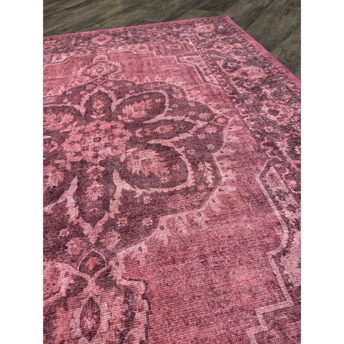Washable Zahra S0063 Traditional Vintage Distressed Medallion Border Digitally Printed Lightweight Textured Polyester Flatweave Vintage Rose/Wine Burgundy/Plum Brown/Soft Blush Pink/Faded Ivory Rug