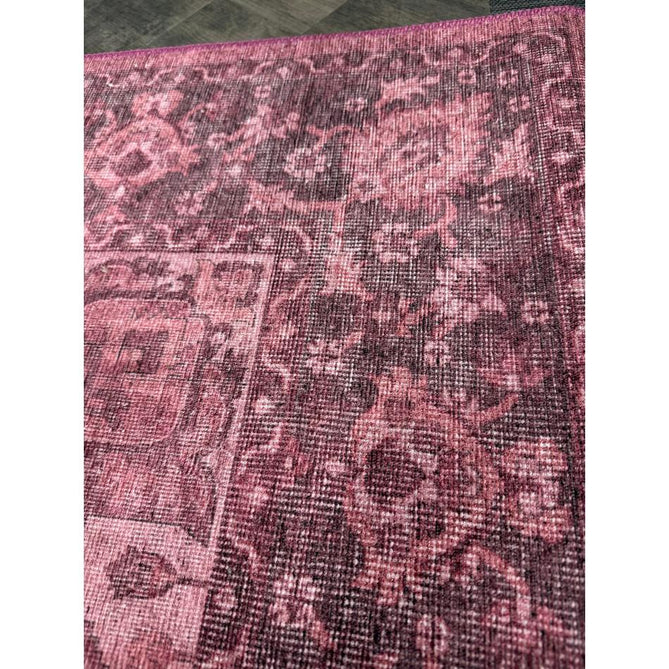 Washable Zahra S0063 Traditional Vintage Distressed Medallion Border Digitally Printed Lightweight Textured Polyester Flatweave Vintage Rose/Wine Burgundy/Plum Brown/Soft Blush Pink/Faded Ivory Rug