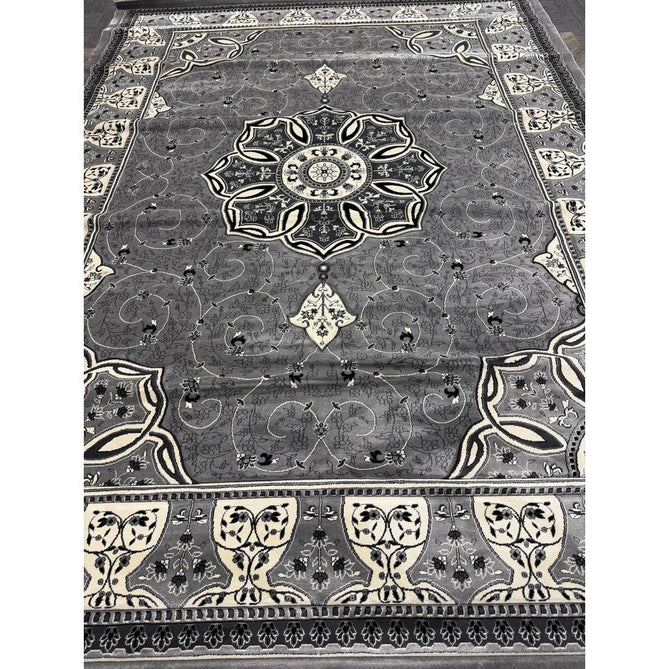 Heritage 4400 Traditional Medallion Floral Tonal Vine Border Soft Carved Hi-Low Durable Polypropylene Mid Grey/Silver/Charcoal/White Rug
