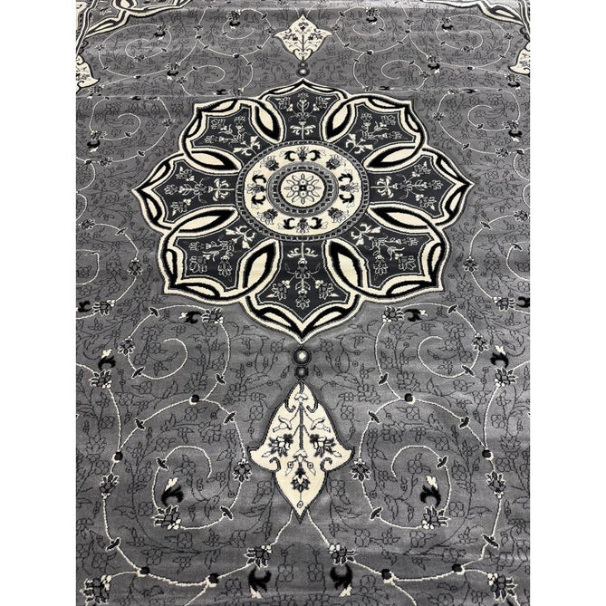 Heritage 4400 Traditional Medallion Floral Tonal Vine Border Soft Carved Hi-Low Durable Polypropylene Mid Grey/Silver/Charcoal/White Rug