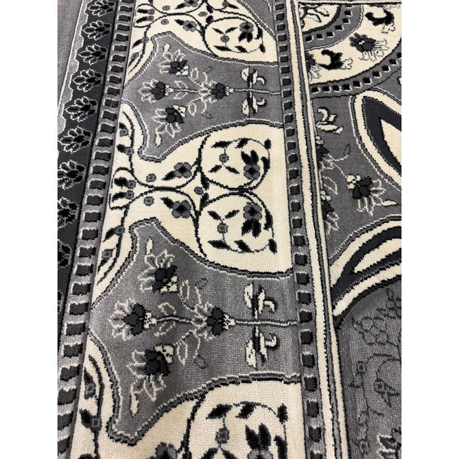 Heritage 4400 Traditional Medallion Floral Tonal Vine Border Soft Carved Hi-Low Durable Polypropylene Mid Grey/Silver/Charcoal/White Rug