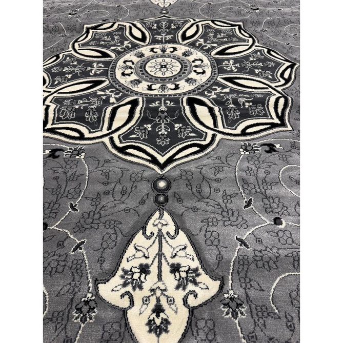 Heritage 4400 Traditional Medallion Floral Tonal Vine Border Soft Carved Hi-Low Durable Polypropylene Mid Grey/Silver/Charcoal/White Rug