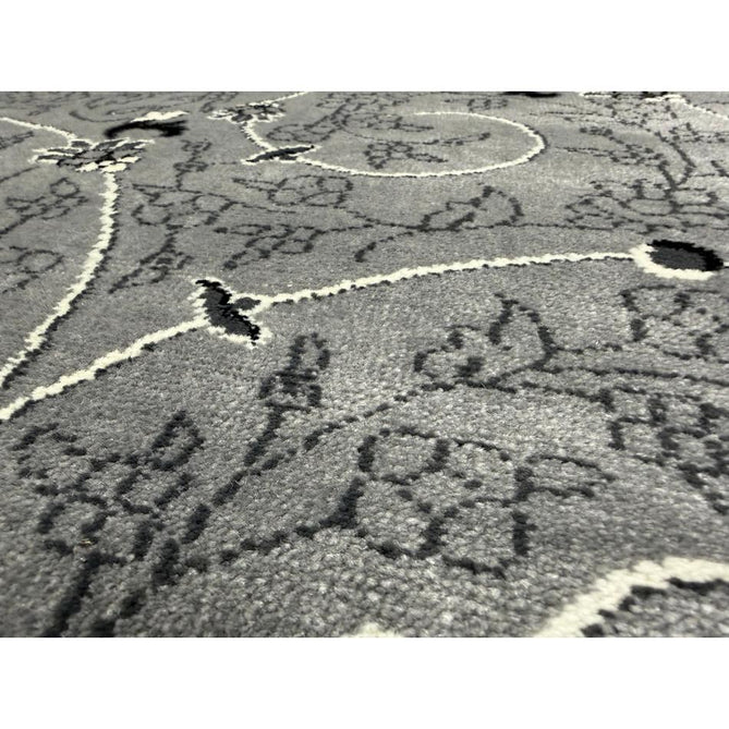 Heritage 4400 Traditional Medallion Floral Tonal Vine Border Soft Carved Hi-Low Durable Polypropylene Mid Grey/Silver/Charcoal/White Rug