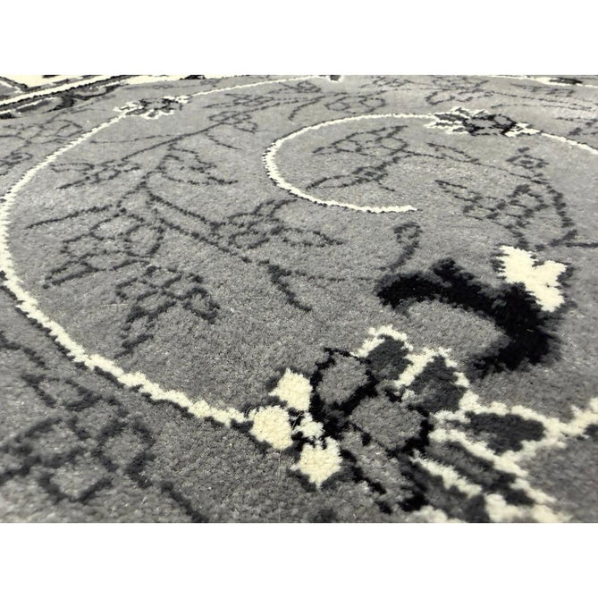 Heritage 4400 Traditional Medallion Floral Tonal Vine Border Soft Carved Hi-Low Durable Polypropylene Mid Grey/Silver/Charcoal/White Rug