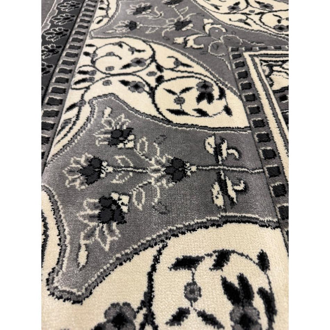Heritage 4400 Traditional Medallion Floral Tonal Vine Border Soft Carved Hi-Low Durable Polypropylene Mid Grey/Silver/Charcoal/White Rug