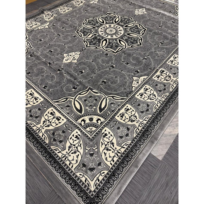 Heritage 4400 Traditional Medallion Floral Tonal Vine Border Soft Carved Hi-Low Durable Polypropylene Mid Grey/Silver/Charcoal/White Rug