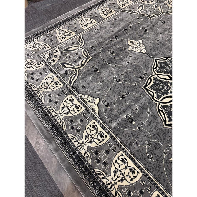 Heritage 4400 Traditional Medallion Floral Tonal Vine Border Soft Carved Hi-Low Durable Polypropylene Mid Grey/Silver/Charcoal/White Rug