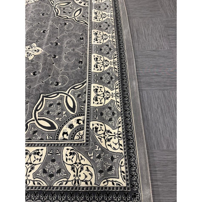 Heritage 4400 Traditional Medallion Floral Tonal Vine Border Soft Carved Hi-Low Durable Polypropylene Mid Grey/Silver/Charcoal/White Rug