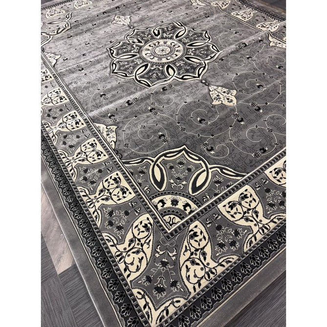 Heritage 4400 Traditional Medallion Floral Tonal Vine Border Soft Carved Hi-Low Durable Polypropylene Mid Grey/Silver/Charcoal/White Rug