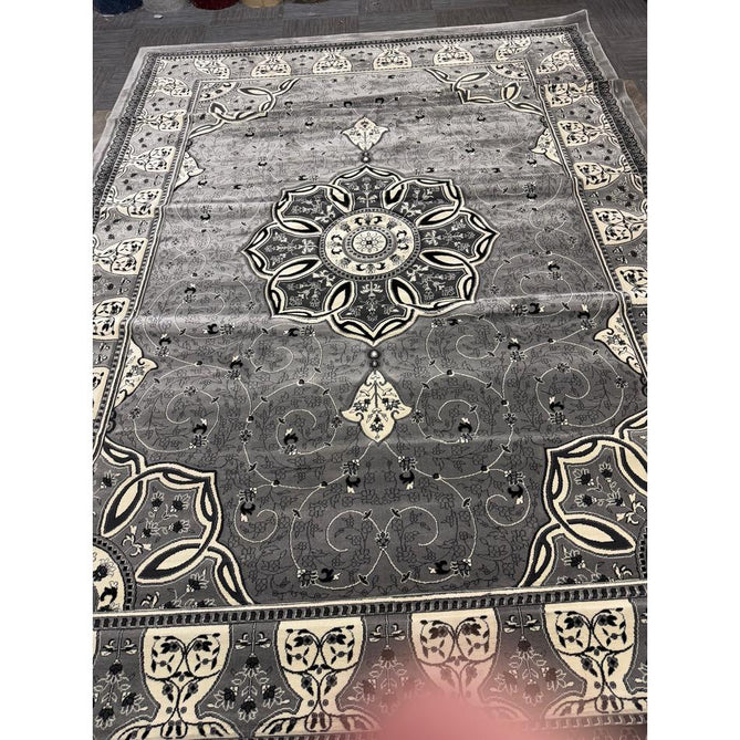 Heritage 4400 Traditional Medallion Floral Tonal Vine Border Soft Carved Hi-Low Durable Polypropylene Mid Grey/Silver/Charcoal/White Rug