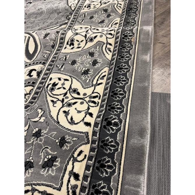 Heritage 4400 Traditional Medallion Floral Tonal Vine Border Soft Carved Hi-Low Durable Polypropylene Mid Grey/Silver/Charcoal/White Rug
