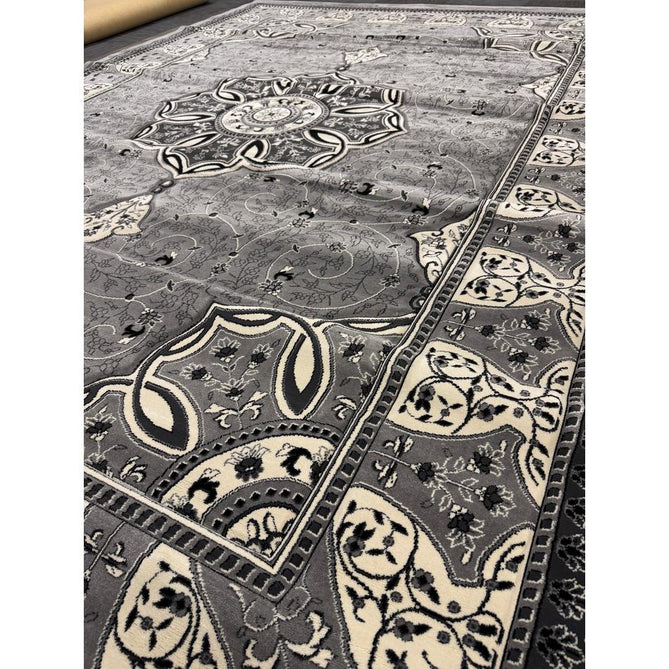 Heritage 4400 Traditional Medallion Floral Tonal Vine Border Soft Carved Hi-Low Durable Polypropylene Mid Grey/Silver/Charcoal/White Rug