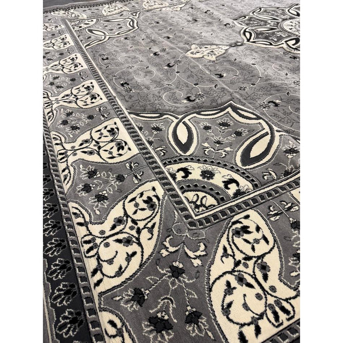 Heritage 4400 Traditional Medallion Floral Tonal Vine Border Soft Carved Hi-Low Durable Polypropylene Mid Grey/Silver/Charcoal/White Rug