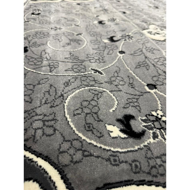 Heritage 4400 Traditional Medallion Floral Tonal Vine Border Soft Carved Hi-Low Durable Polypropylene Mid Grey/Silver/Charcoal/White Rug