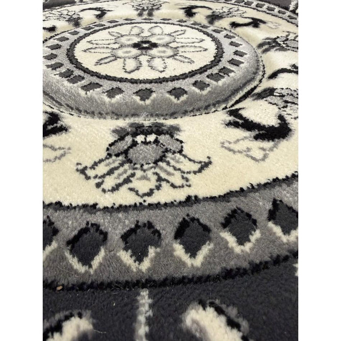 Heritage 4400 Traditional Medallion Floral Tonal Vine Border Soft Carved Hi-Low Durable Polypropylene Mid Grey/Silver/Charcoal/White Rug