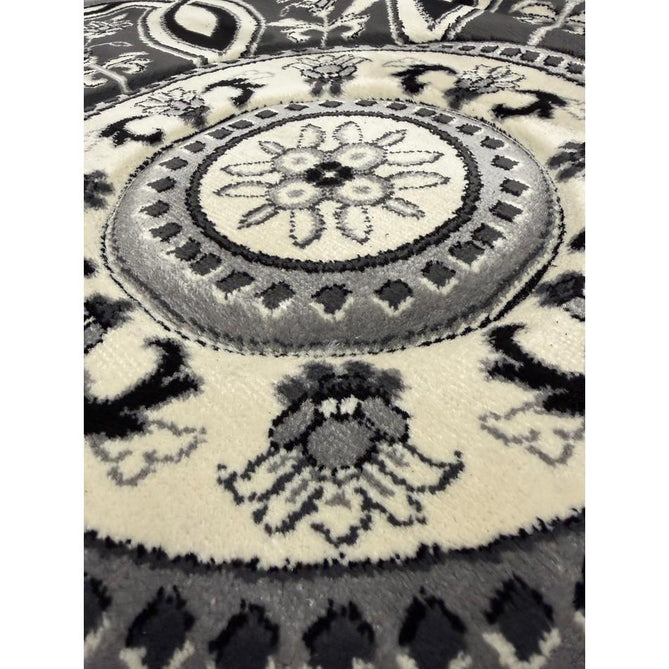 Heritage 4400 Traditional Medallion Floral Tonal Vine Border Soft Carved Hi-Low Durable Polypropylene Mid Grey/Silver/Charcoal/White Rug