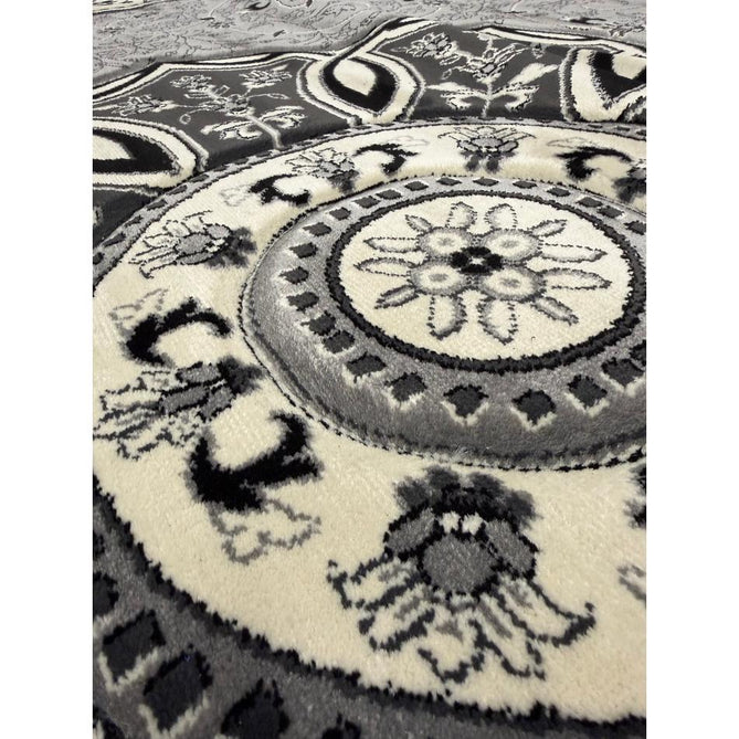 Heritage 4400 Traditional Medallion Floral Tonal Vine Border Soft Carved Hi-Low Durable Polypropylene Mid Grey/Silver/Charcoal/White Rug