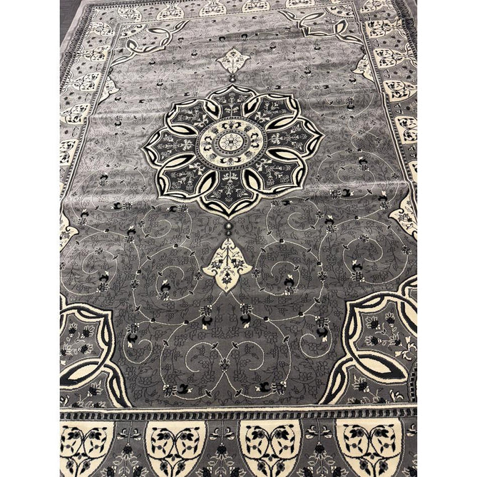 Heritage 4400 Traditional Medallion Floral Tonal Vine Border Soft Carved Hi-Low Durable Polypropylene Mid Grey/Silver/Charcoal/White Rug