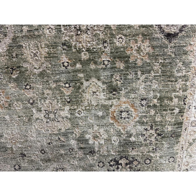 Heriz HE04 Ornate Traditional Persian Vintage Distressed Shimmer Tonal Textured Hi-Lo Space-Dyed Soft-Touch Polyester Low-Profile Short Pile Green Runner