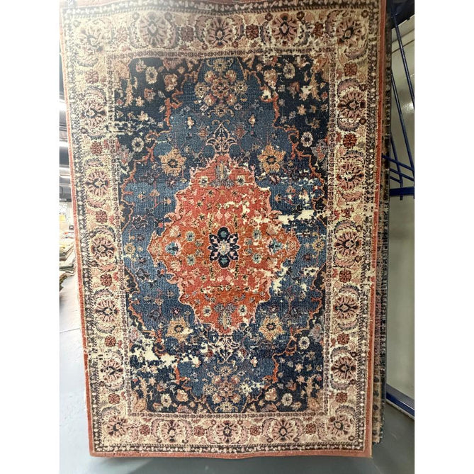 Zola Heris Traditional Persian Medallion Border Hi-Low Textured Blue/Terra/Red/Beige/Pink/Cream/Multicolour Rug